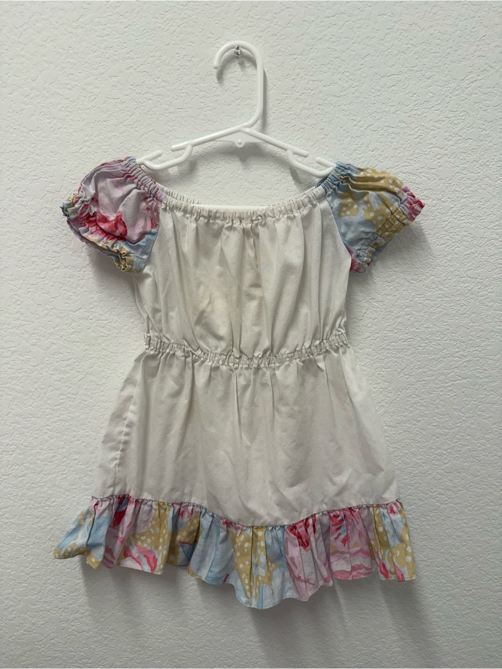 Girls' Off-Shoulder White dress with Colorful Floral Trim